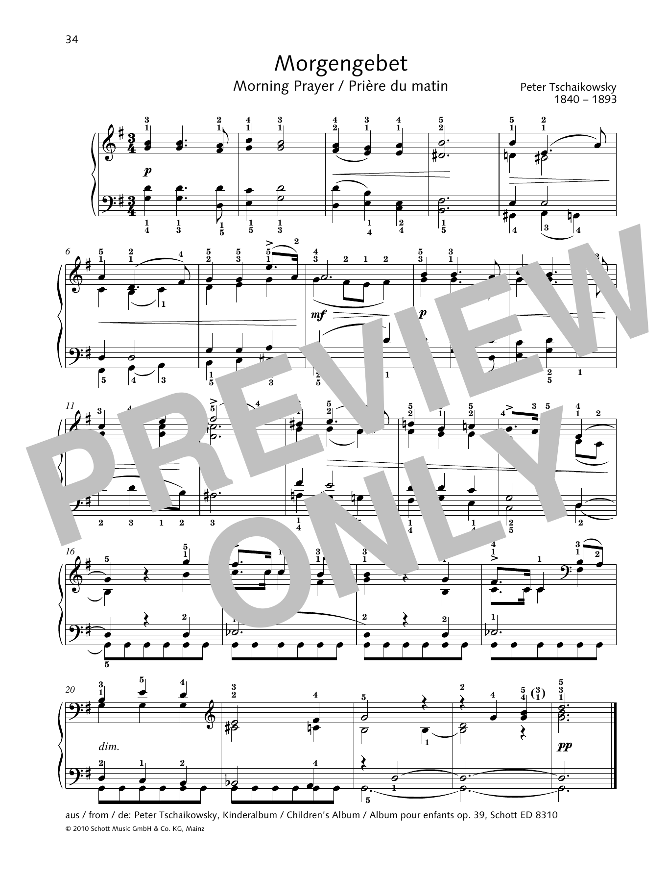 Pyotr Il'yich Tchaikovsky Morning Prayer Sheet Music