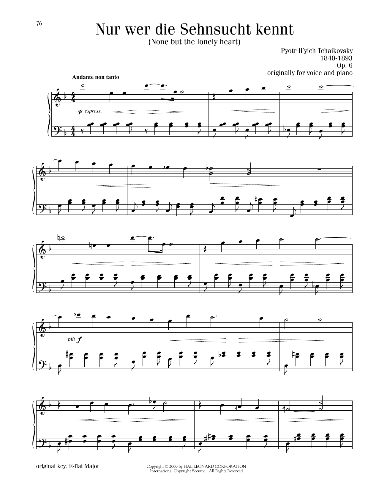 Pyotr Il'yich Tchaikovsky None But The Lonely Heart (Nur Wer Die Sehnsucht Kennt), Op. 6 Sheet Music