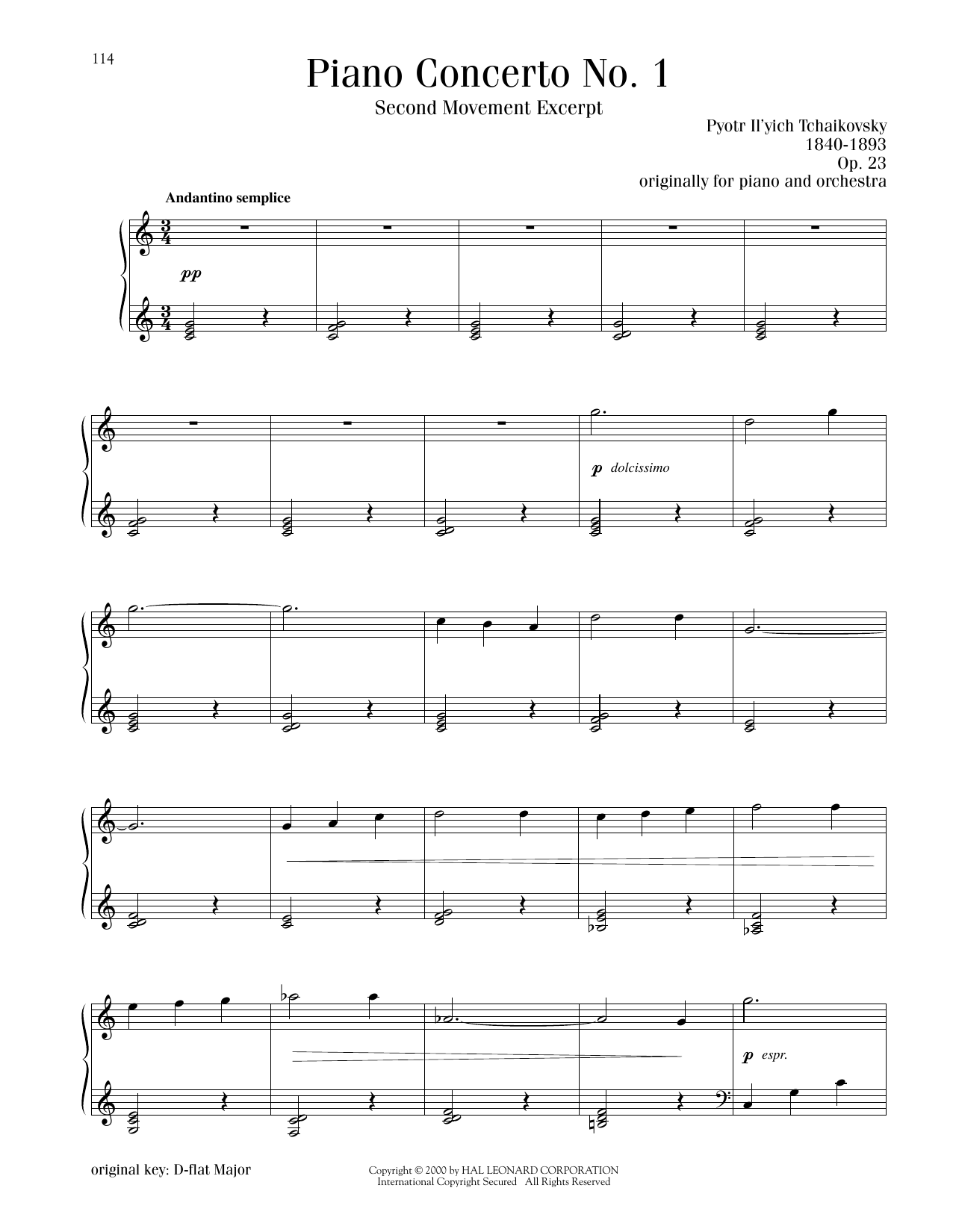 Pyotr Il'yich Tchaikovsky Piano Concerto No. 1 In B-Flat Minor, Op. 23, Second Movement Excerpt Sheet Music