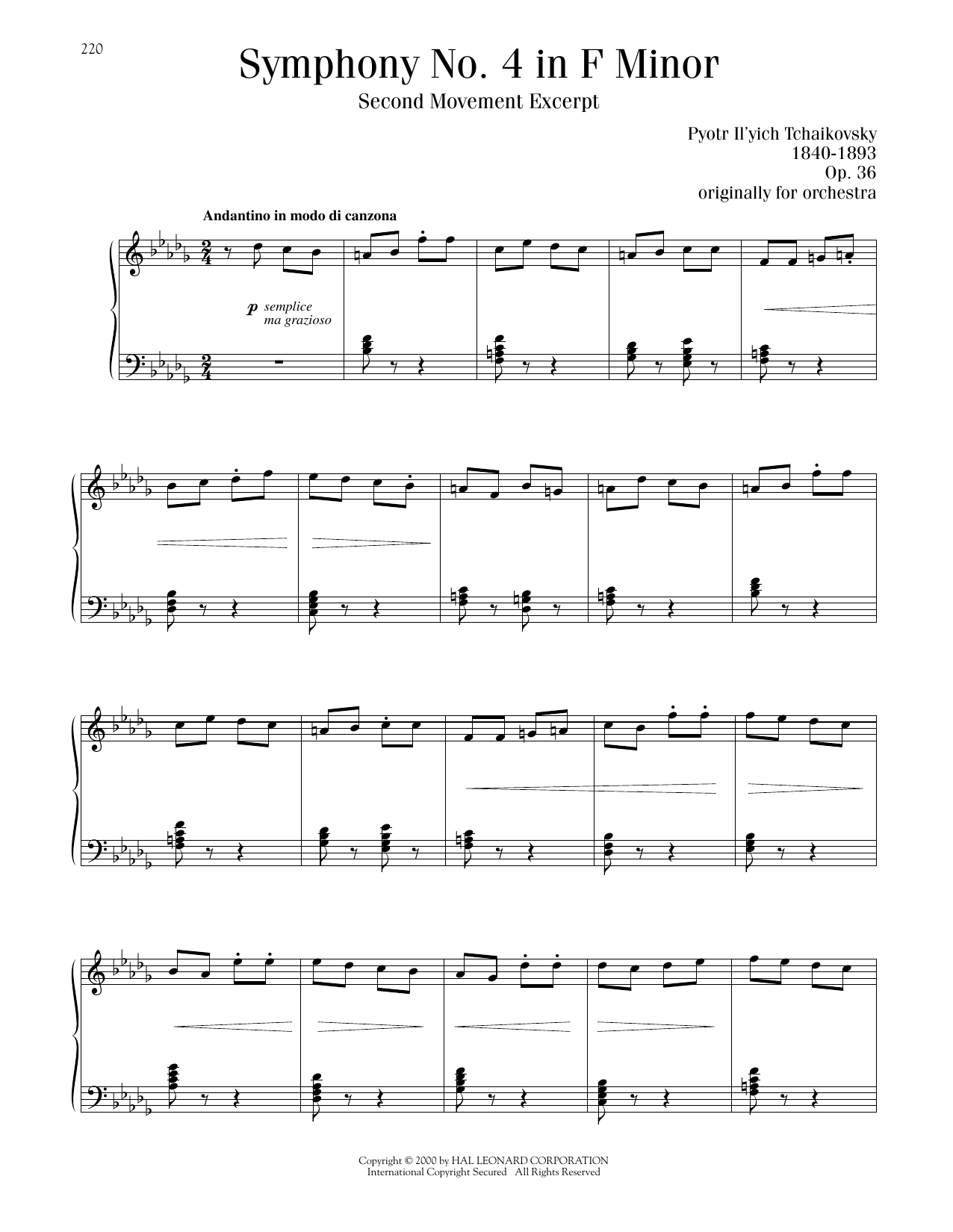 Pyotr Ilyich Tchaikovsky Symphony No. 4 In F Minor, Op. 36, Second Movement Excerpt Sheet Music