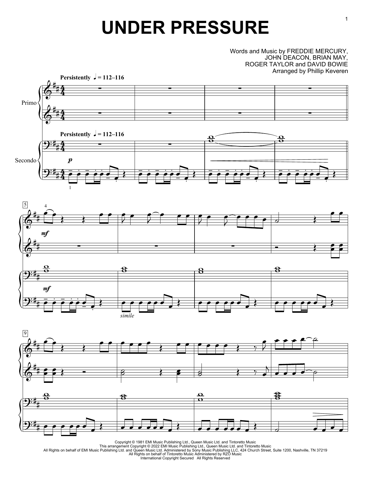 Queen & David Bowie Under Pressure (arr. Phillip Keveren) Sheet Music