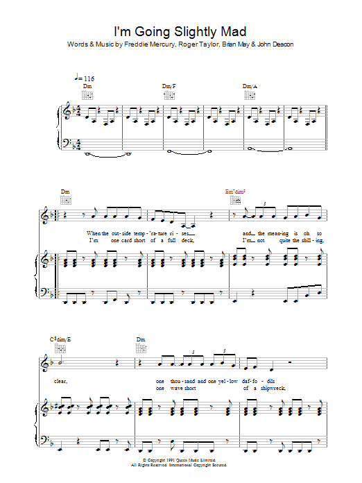 Queen I'm Going Slightly Mad Sheet Music
