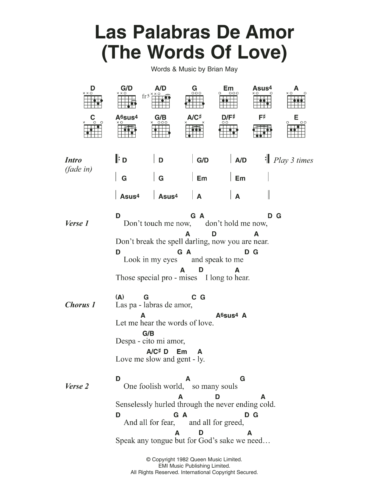 Queen Las Palabras De Amor (The Words Of Love) Sheet Music