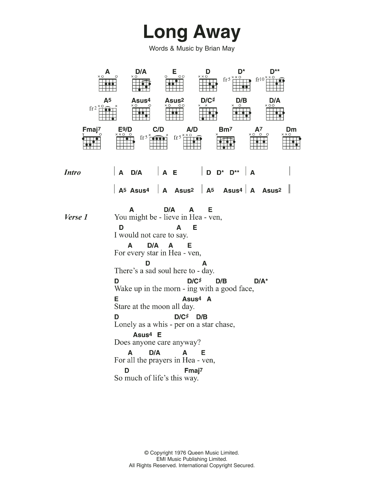 Queen Long Away Sheet Music