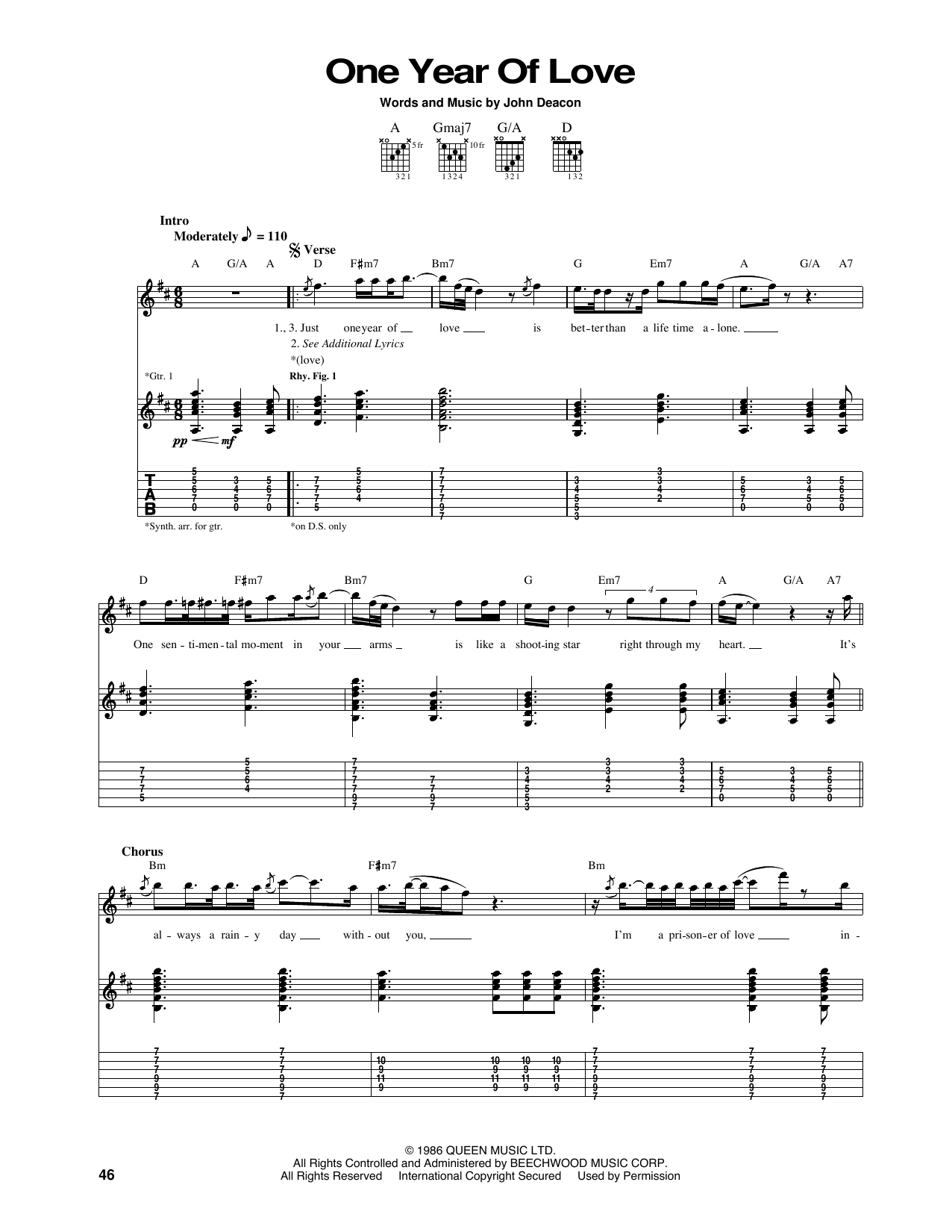 Queen One Year Of Love Sheet Music
