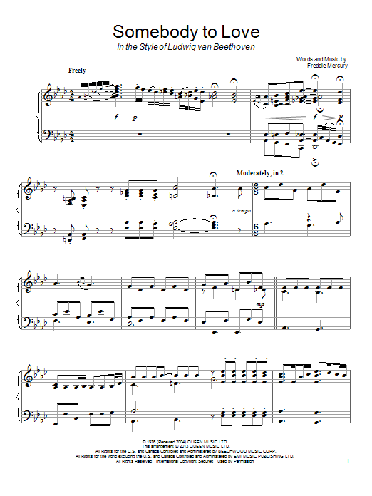 Queen Somebody To Love (in the style of Ludwig van Beethoven) Sheet Music