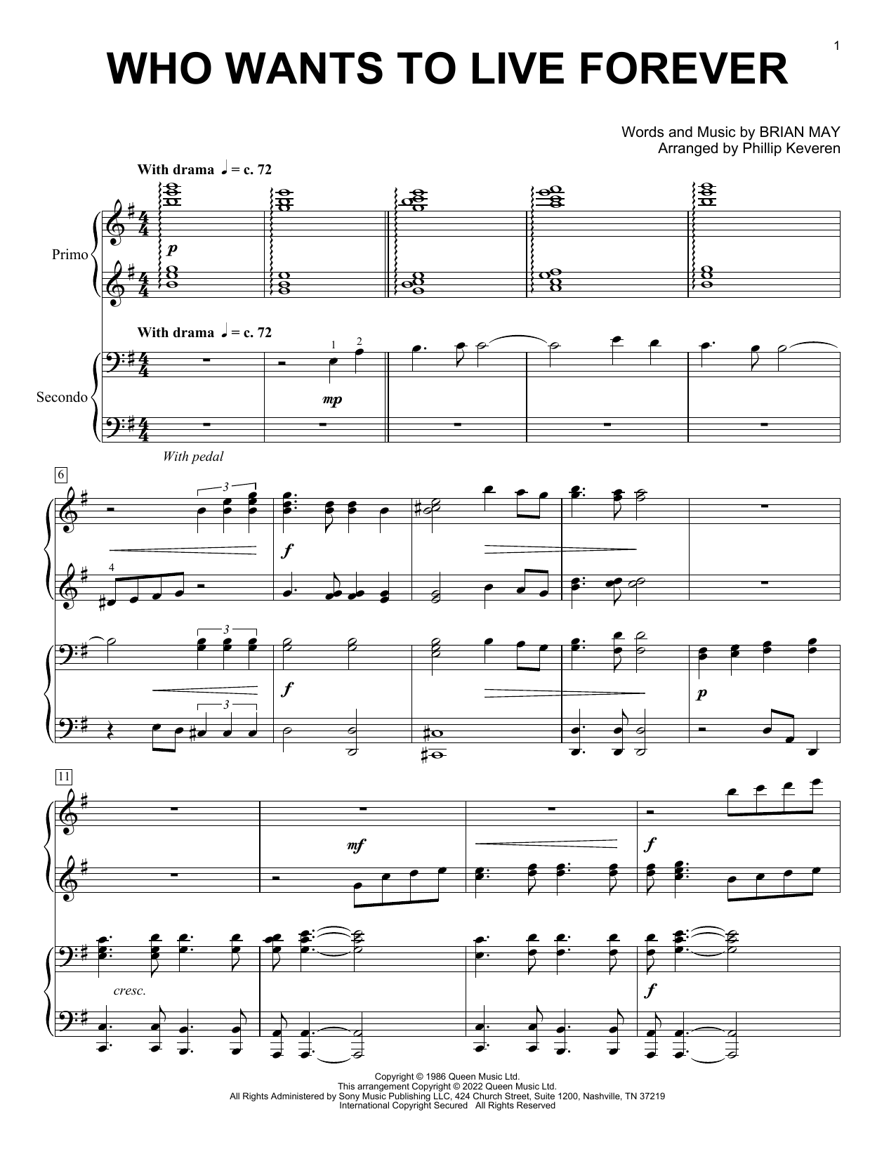 Queen Who Wants To Live Forever (arr. Phillip Keveren) Sheet Music