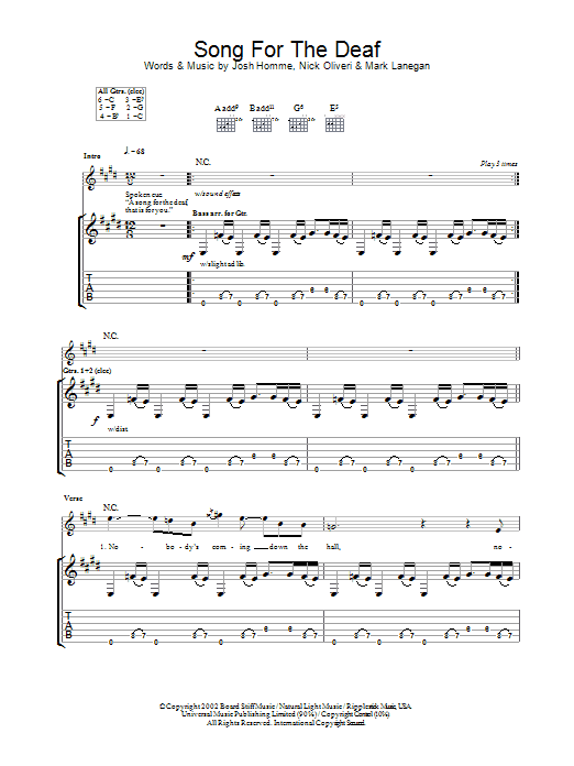 Queens Of The Stone Age A Song For The Deaf Sheet Music