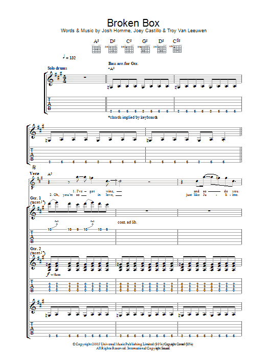 Queens Of The Stone Age Broken Box Sheet Music
