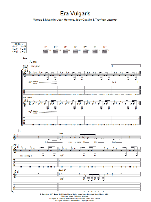 Queens Of The Stone Age Era Vulgaris Sheet Music