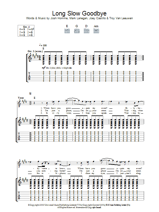 Queens Of The Stone Age Long Slow Goodbye Sheet Music