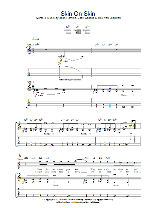 Queens Of The Stone Age Skin On Skin Sheet Music