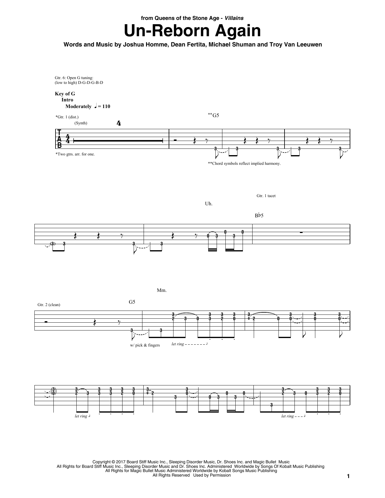 Queens Of The Stone Age Un-Reborn Again Sheet Music