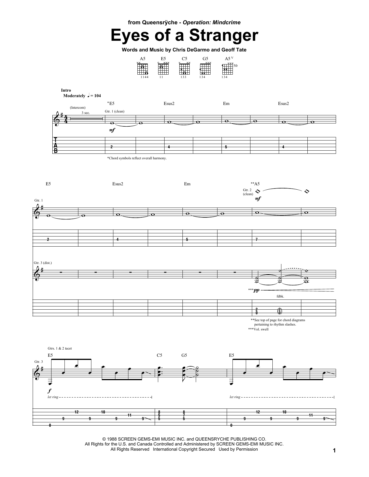 Queensryche Eyes Of A Stranger Sheet Music