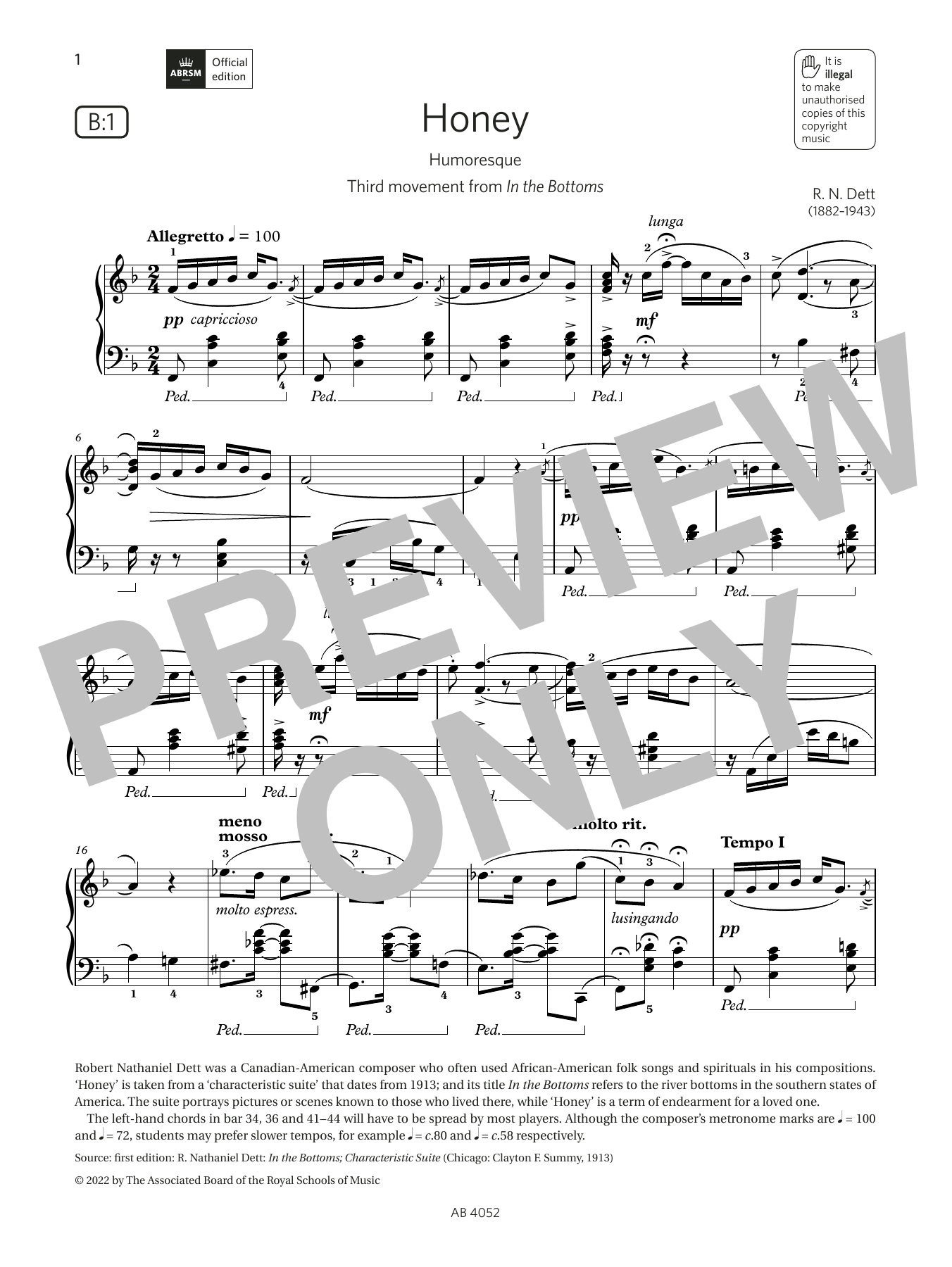 R N Dett Honey (Grade 6, list B1, from the ABRSM Piano Syllabus 2023 & 2024) Sheet Music