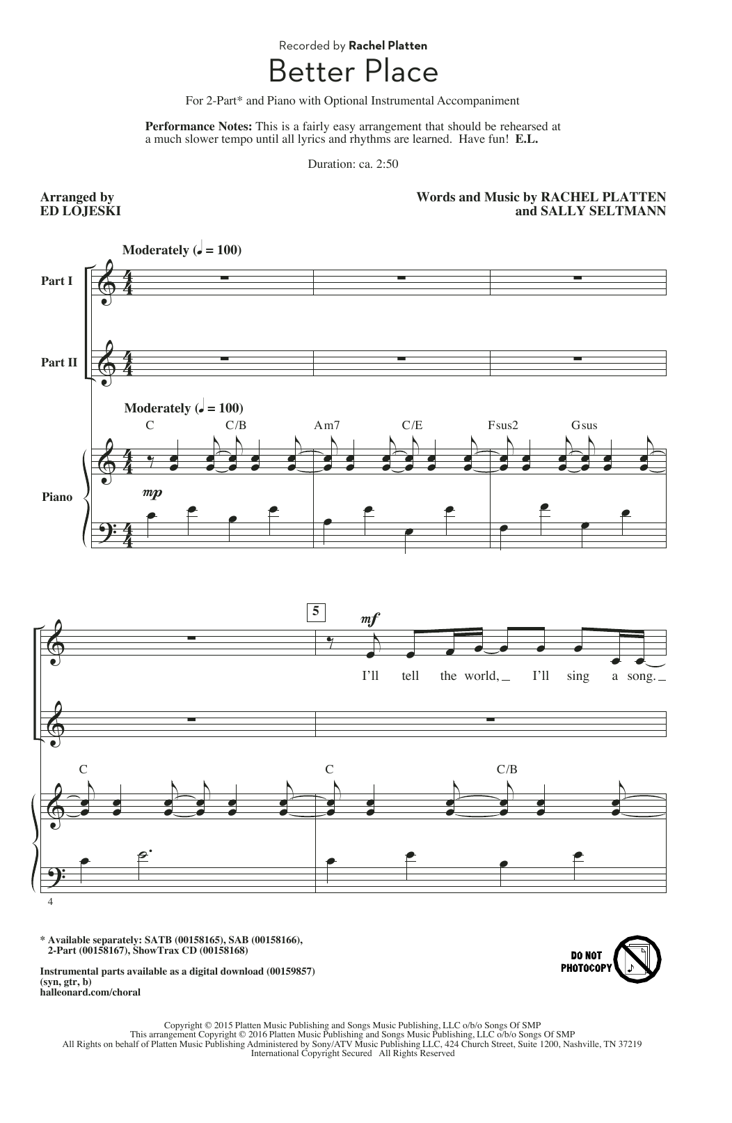 Rachel Platten Better Place (arr. Ed Lojeski) Sheet Music