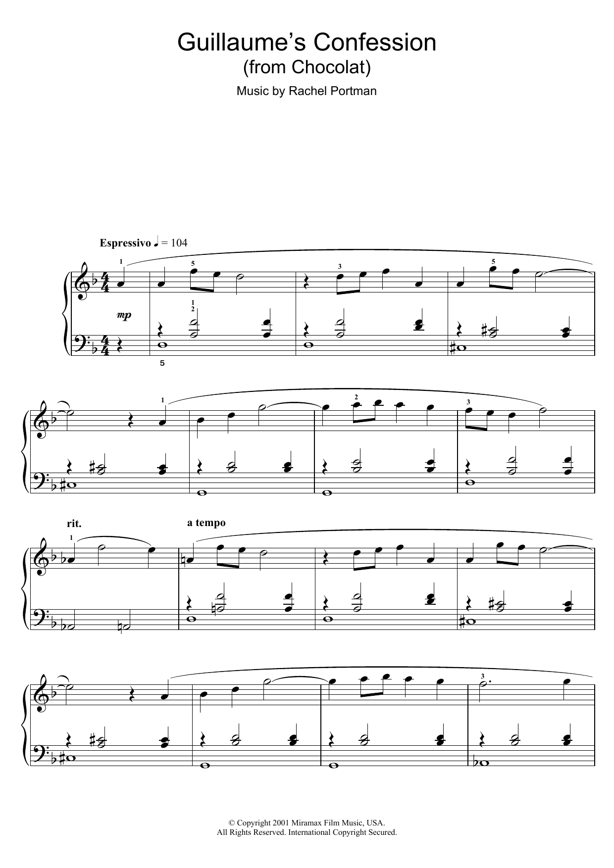 Rachel Portman Guillaume's Confession (from Chocolat) Sheet Music