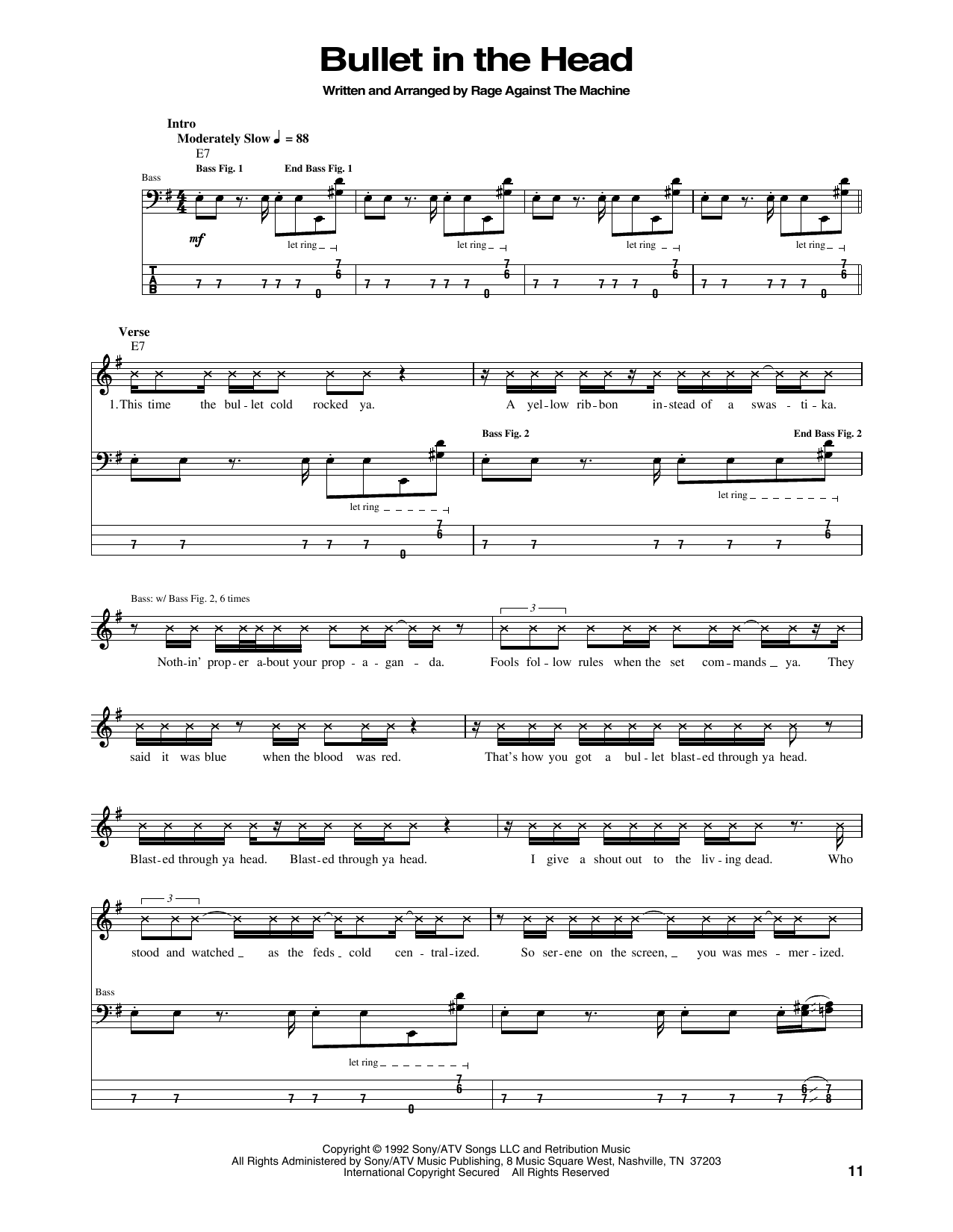 Rage Against The Machine Bullet In The Head Sheet Music