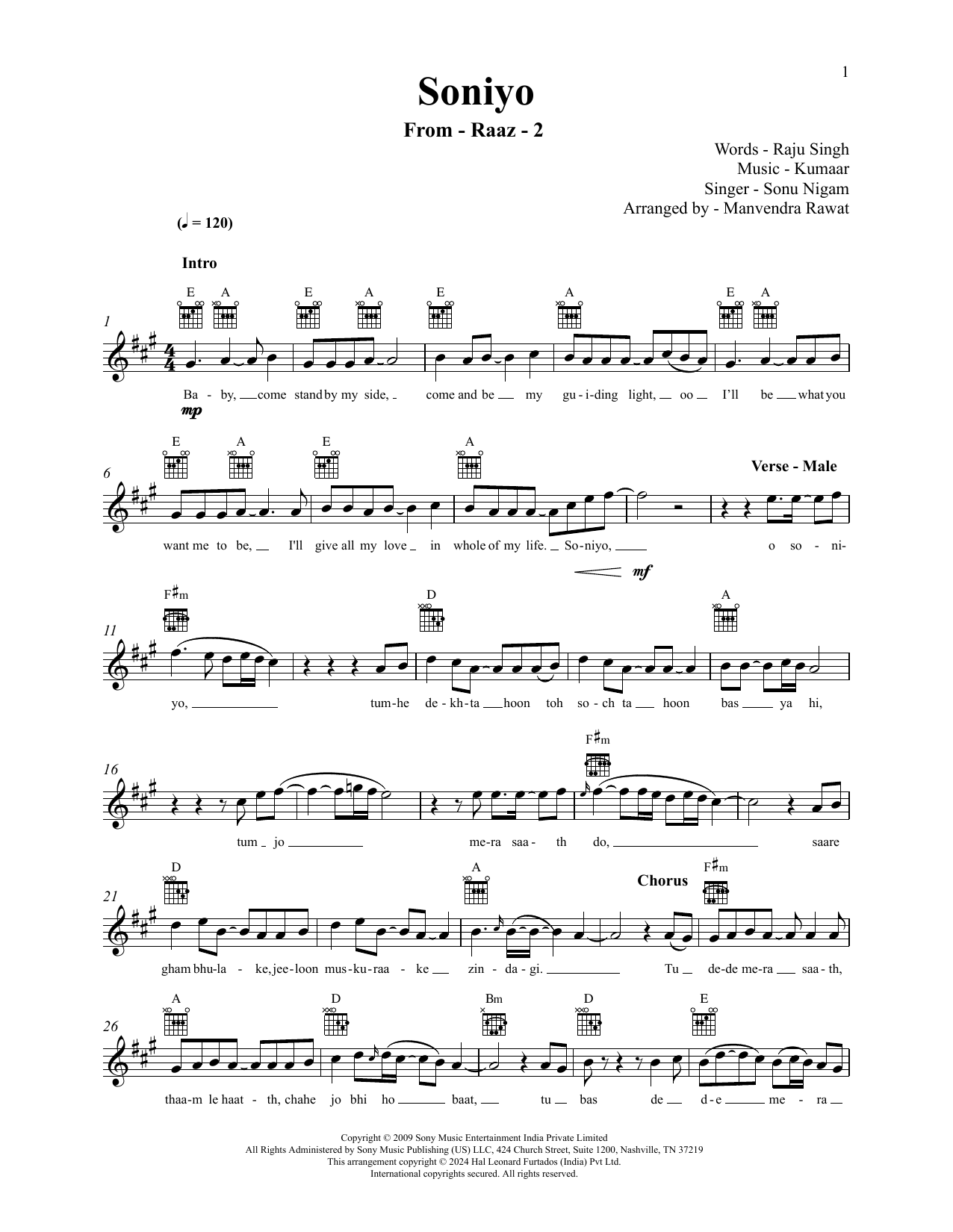 Raju Singh, Sonu Nigam and Shreya Ghoshal Soniyo (from RAAZ - The Mystery Continues) Sheet Music