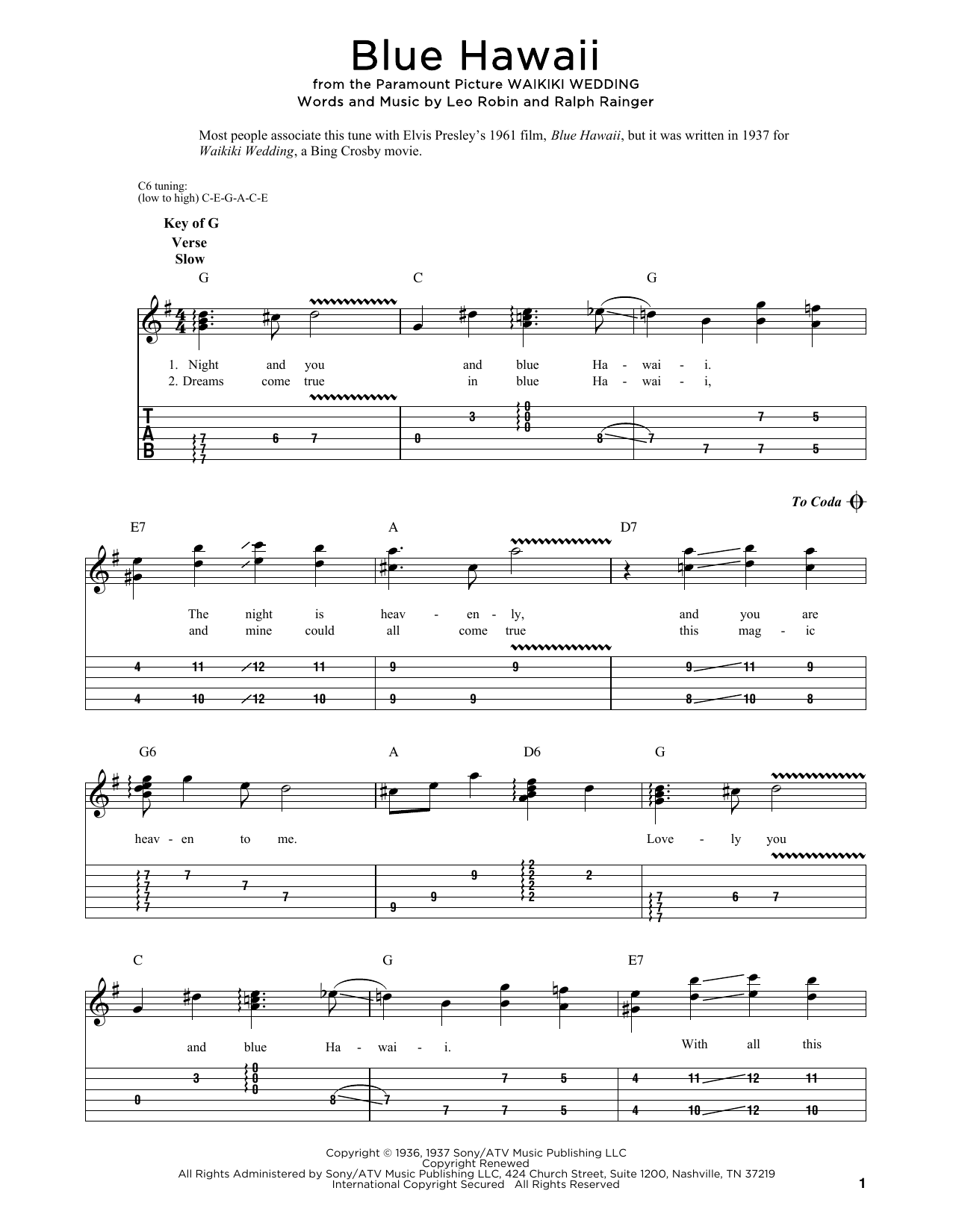 Ralph Rainger Blue Hawaii Sheet Music