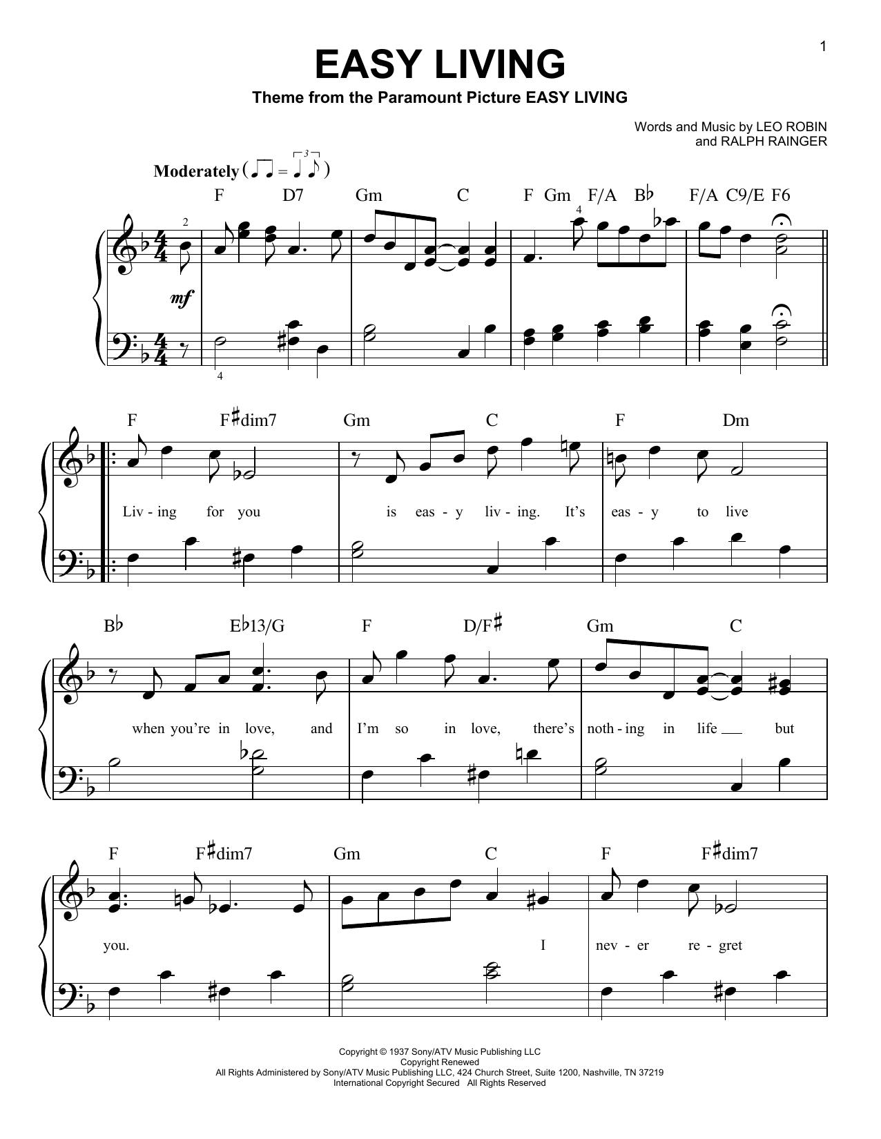 Ralph Rainger Easy Living Sheet Music
