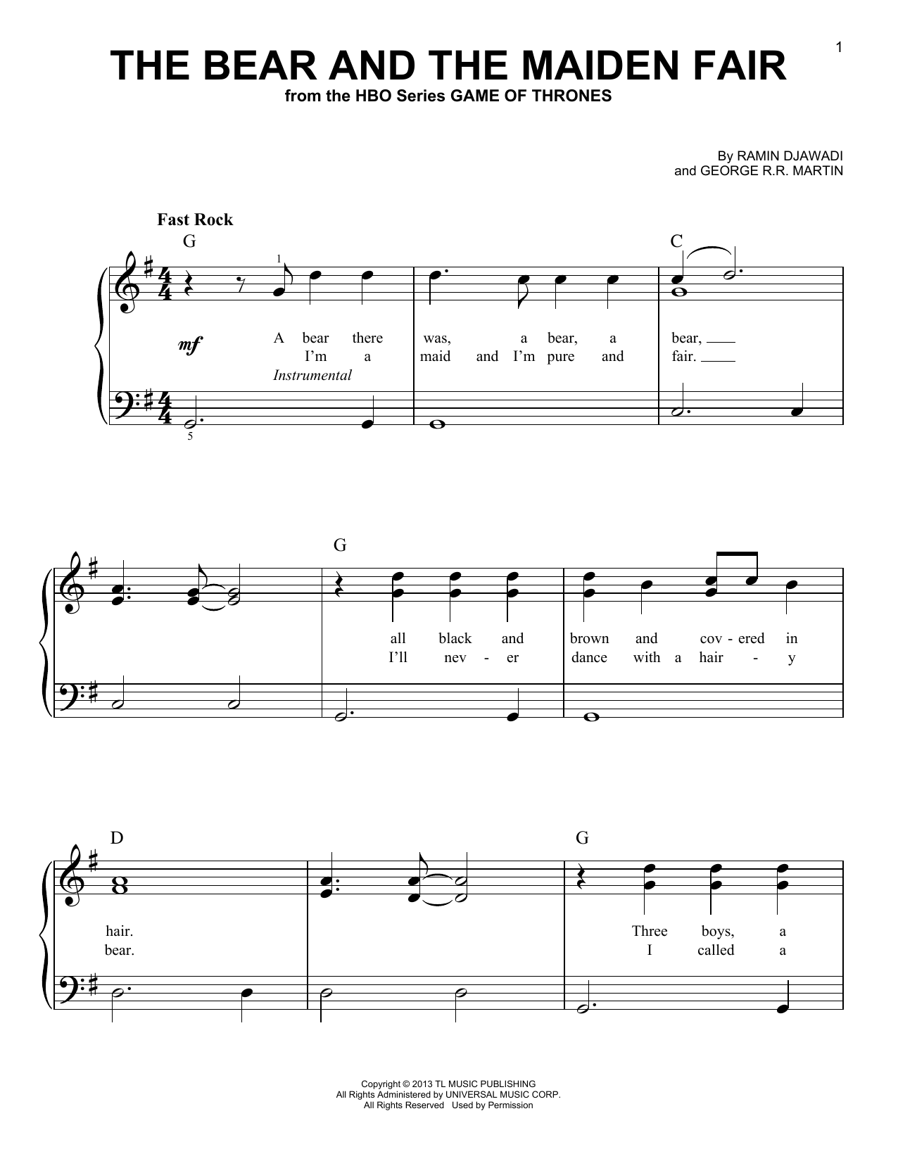 Ramin Djawadi The Bear And The Maiden Fair (from Game of Thrones) Sheet Music