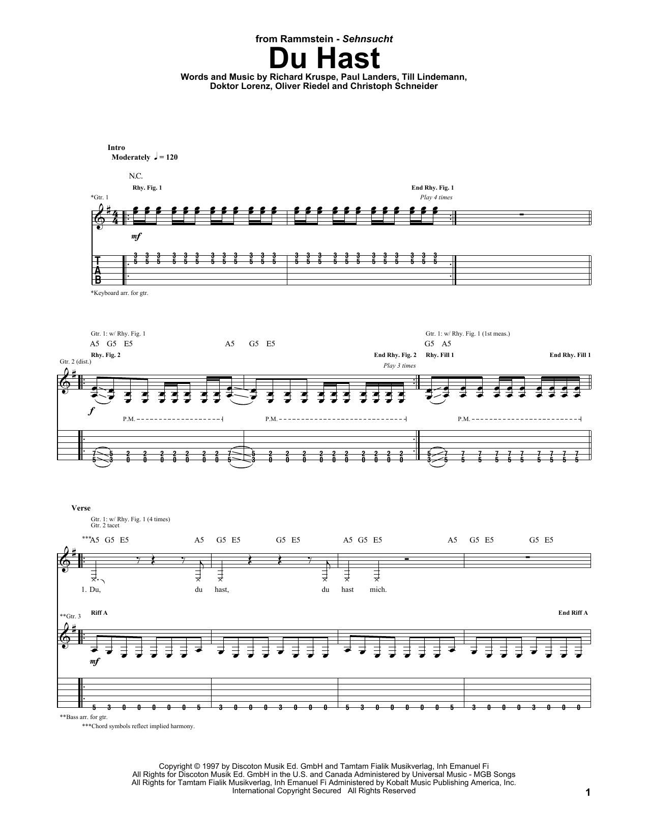 Rammstein Du Hast Sheet Music