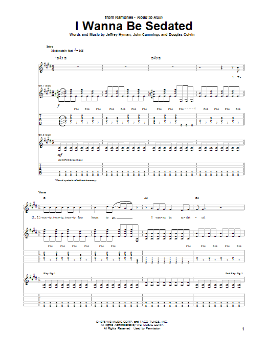 Ramones I Wanna Be Sedated Sheet Music