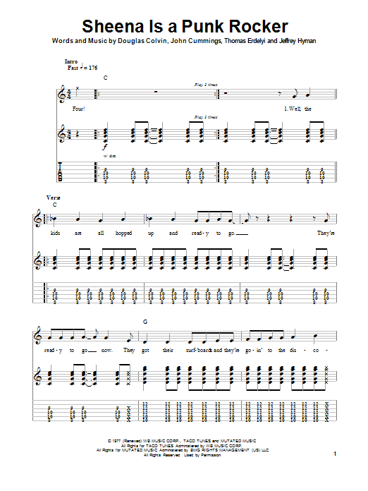 Ramones Sheena Is A Punk Rocker Sheet Music