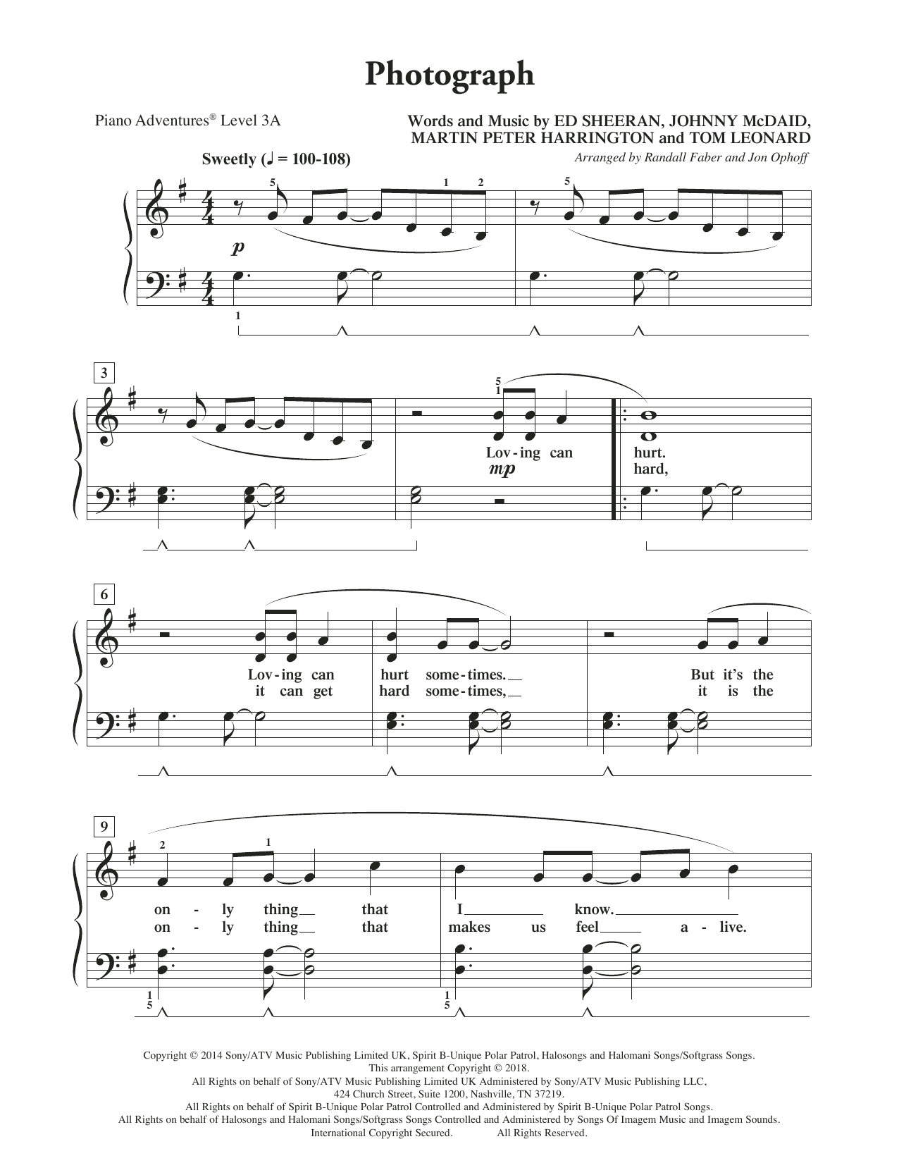 Randall Faber & Jon Ophoff Photograph Sheet Music