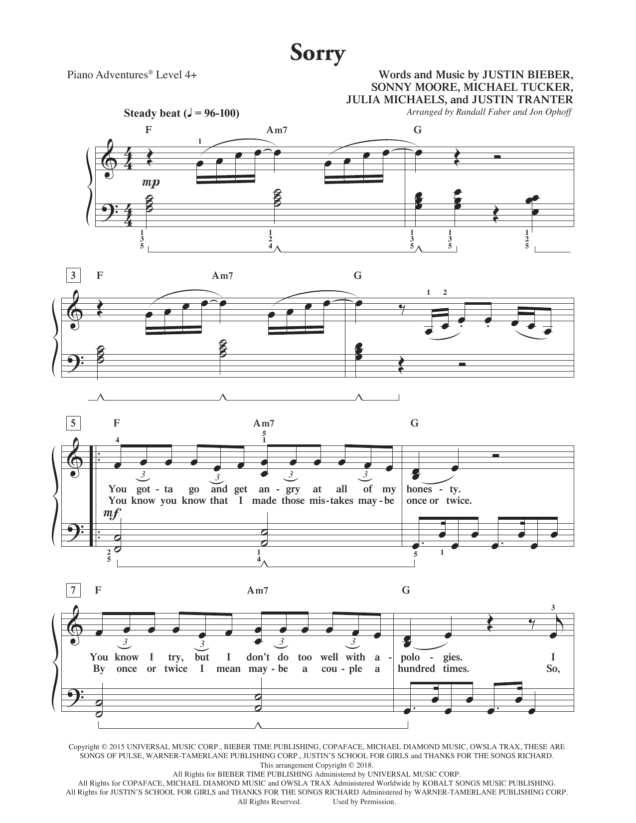 Randall Faber & Jon Ophoff Sorry Sheet Music
