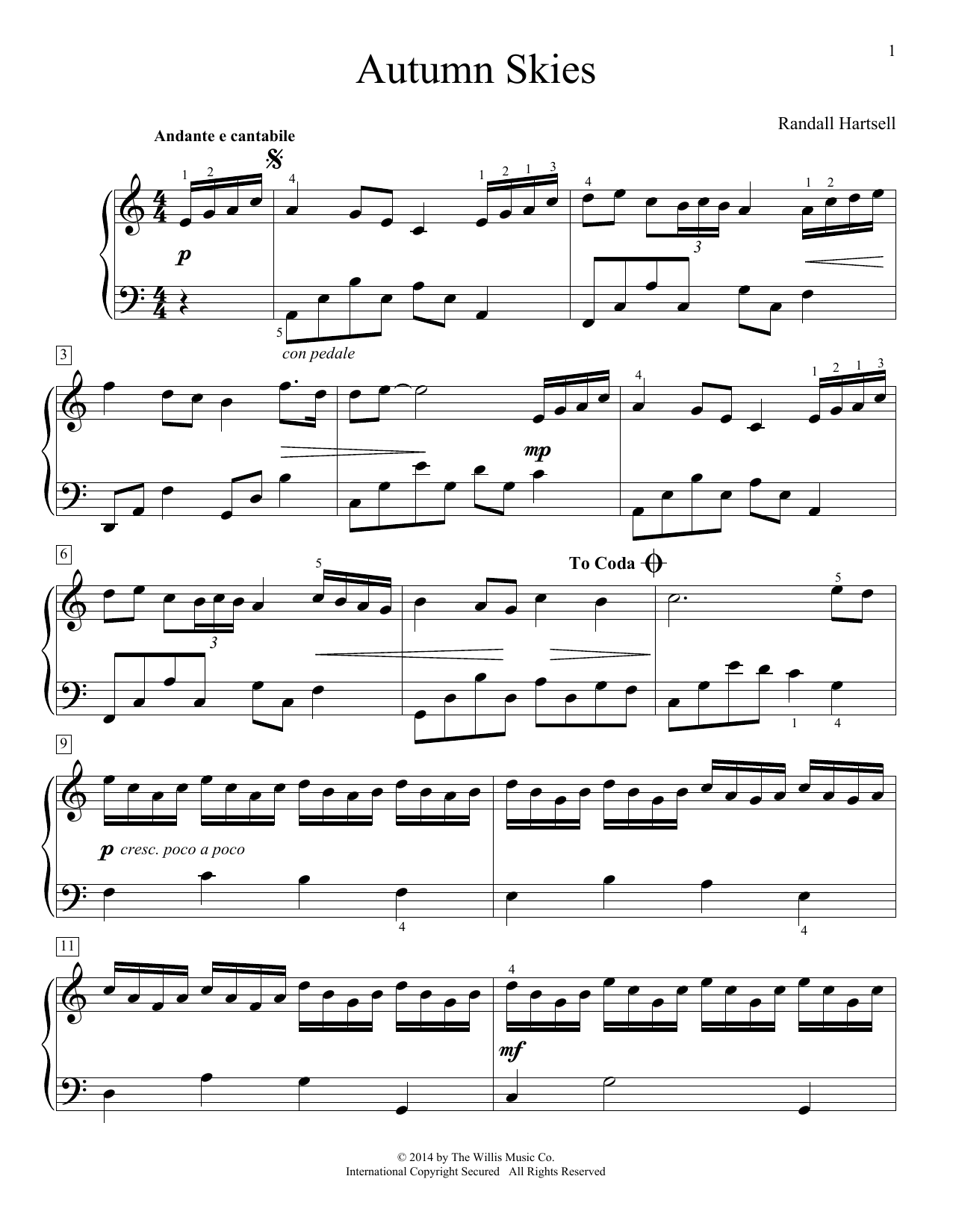 Randall Hartsell Autumn Skies Sheet Music