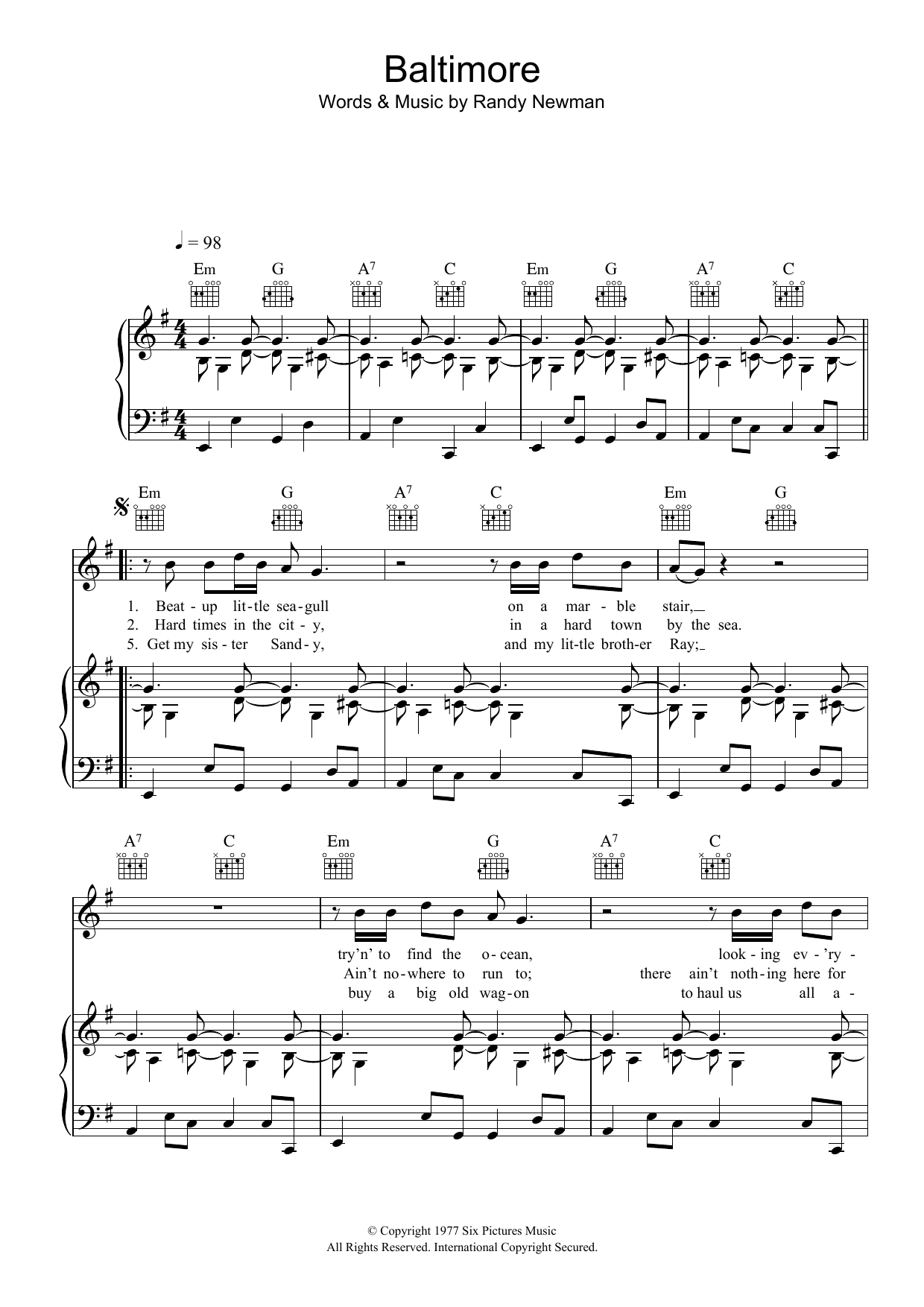 Randy Newman Baltimore Sheet Music