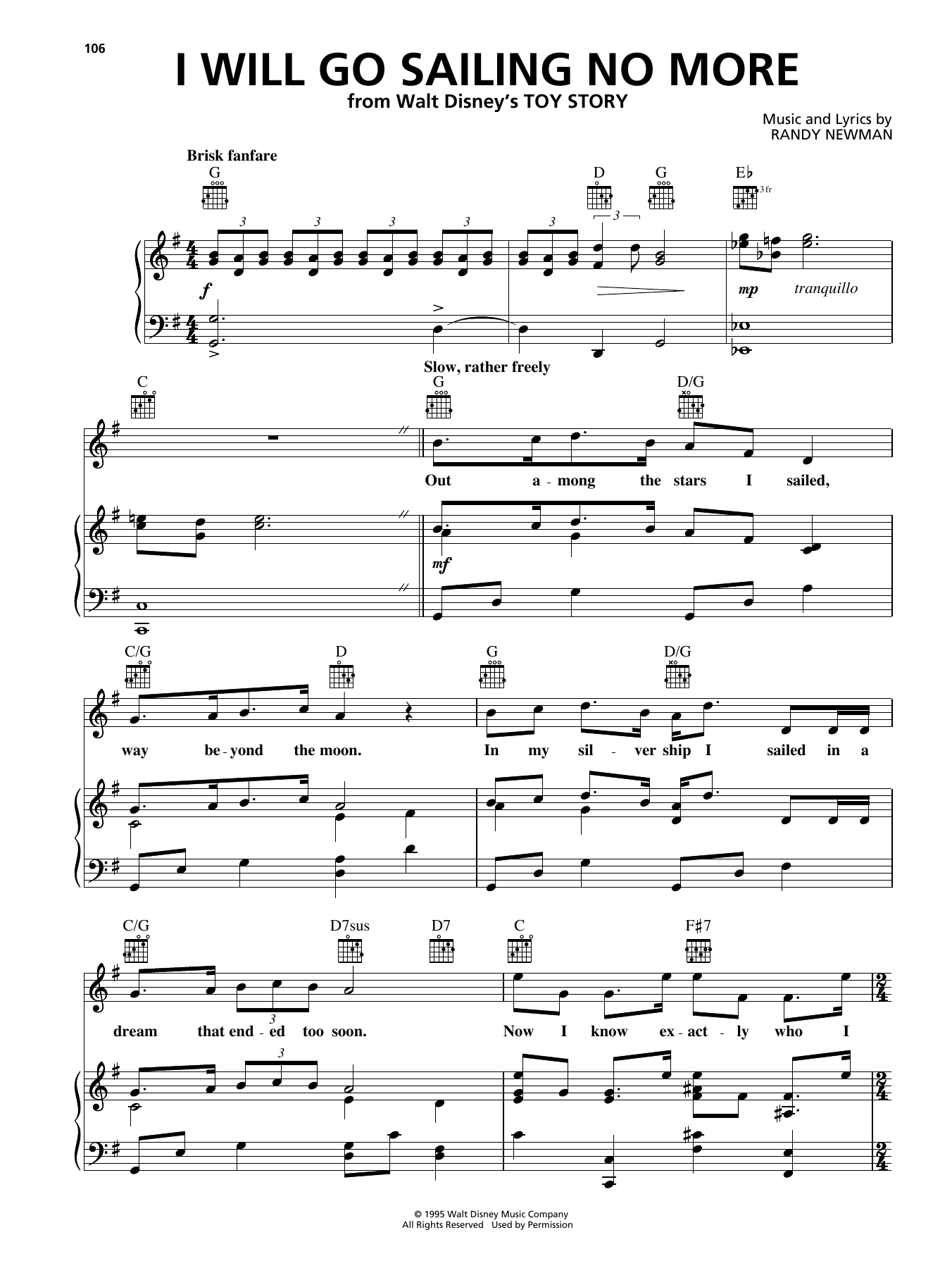 Randy Newman I Will Go Sailing No More (from Disney's Toy Story) Sheet Music