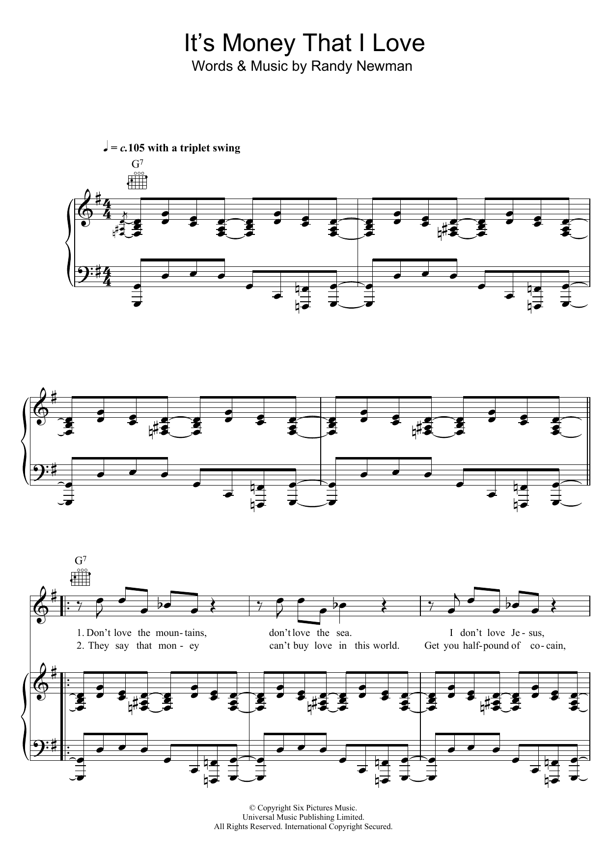 Randy Newman It's Money That I Love Sheet Music