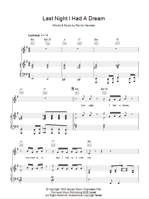 Randy Newman Last Night I Had A Dream Sheet Music