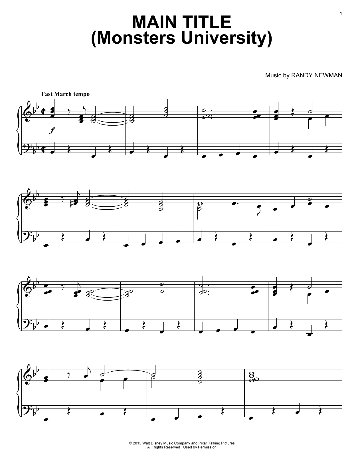 Randy Newman Main Title (Monsters University) Sheet Music