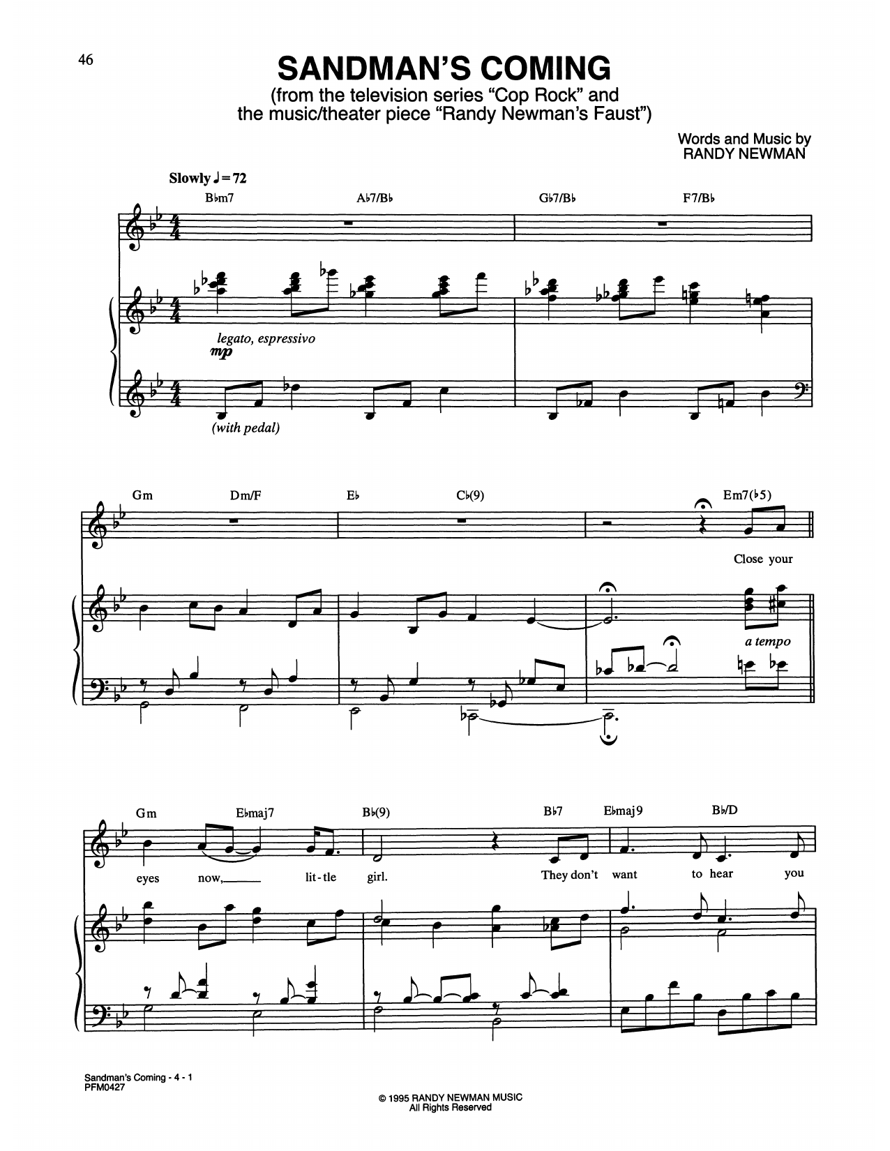 Randy Newman Sandman's Coming (from Cop Rock) Sheet Music