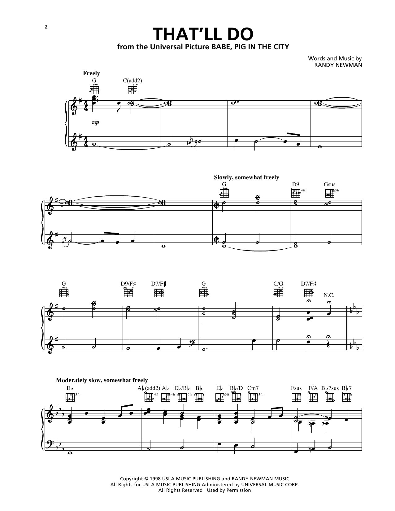 Randy Newman That'll Do (from Babe: Pig in the City) Sheet Music