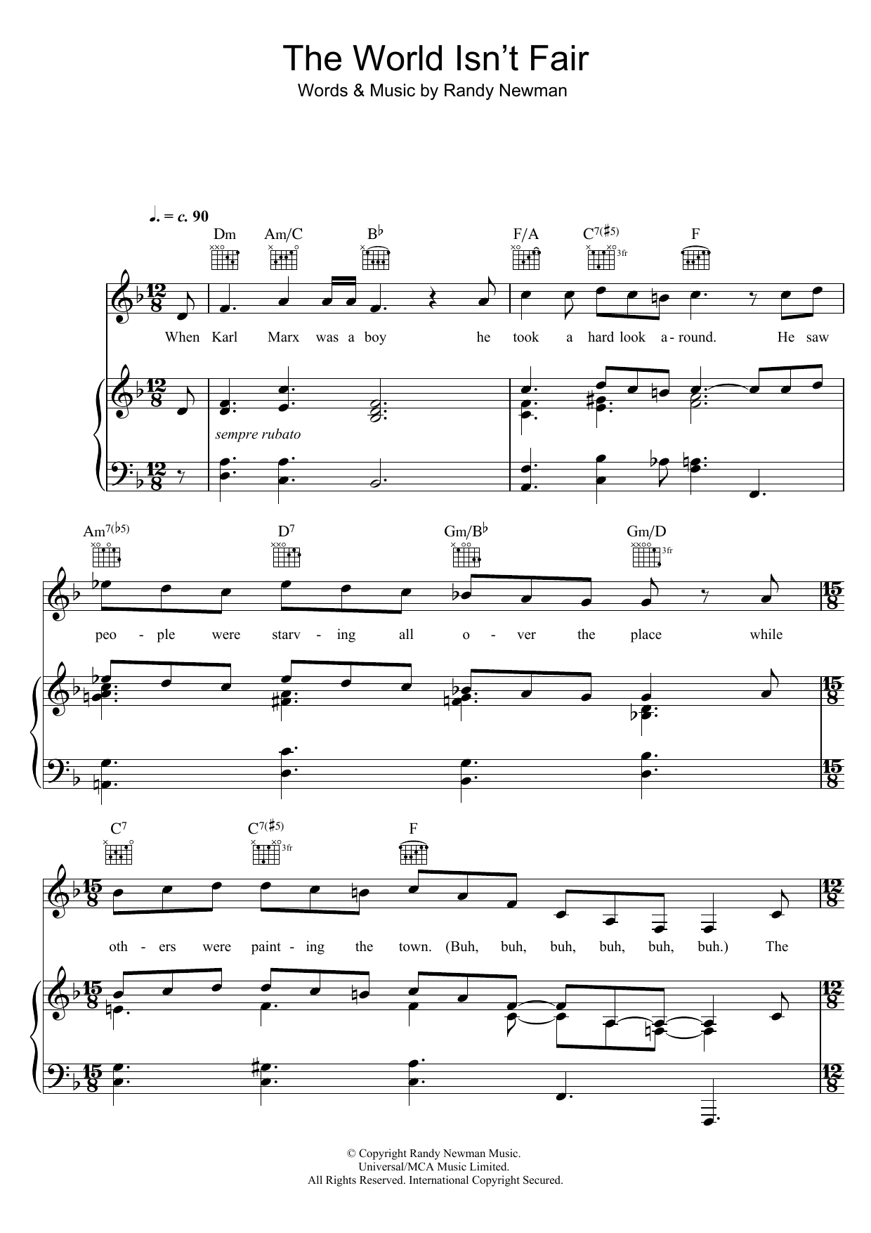 Randy Newman The World Isn't Fair Sheet Music