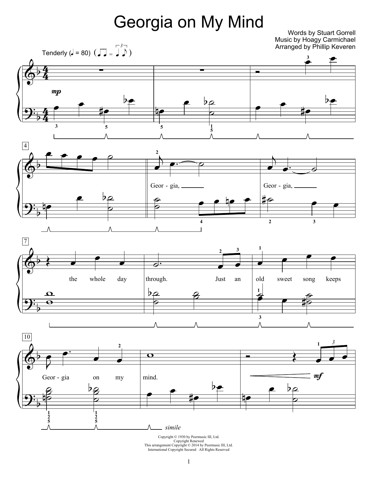 Ray Charles Georgia On My Mind (arr. Phillip Keveren) Sheet Music