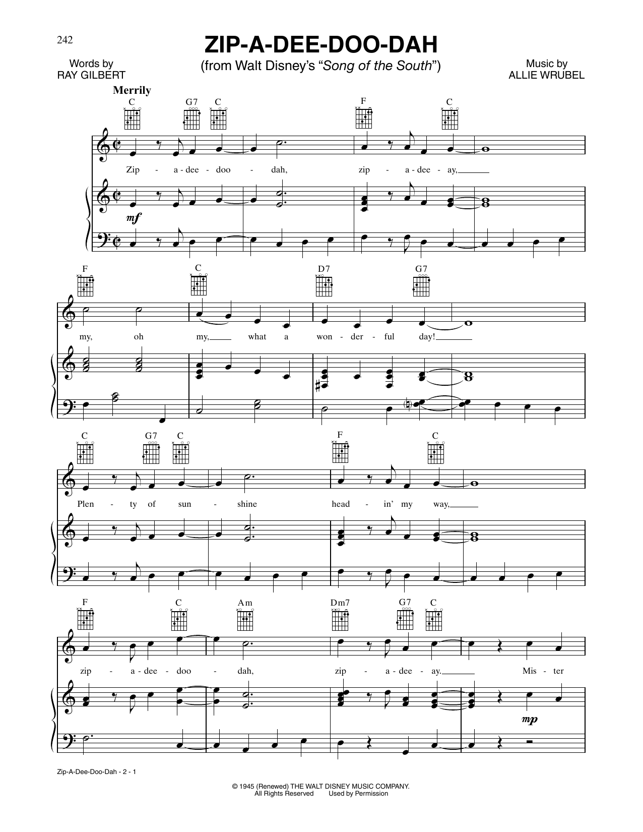 Ray Gilbert Zip-A-Dee-Doo-Dah Sheet Music