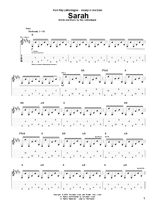 Ray LaMontagne Sarah Sheet Music