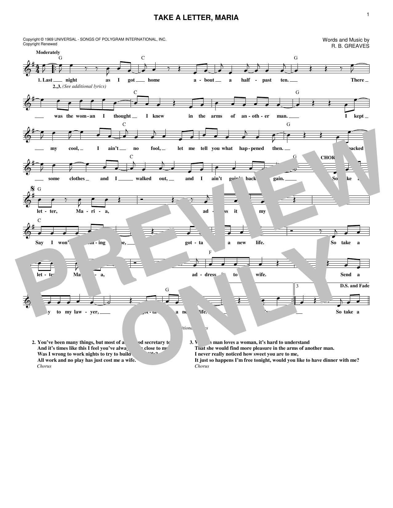 R.B. Greaves Take A Letter, Maria Sheet Music