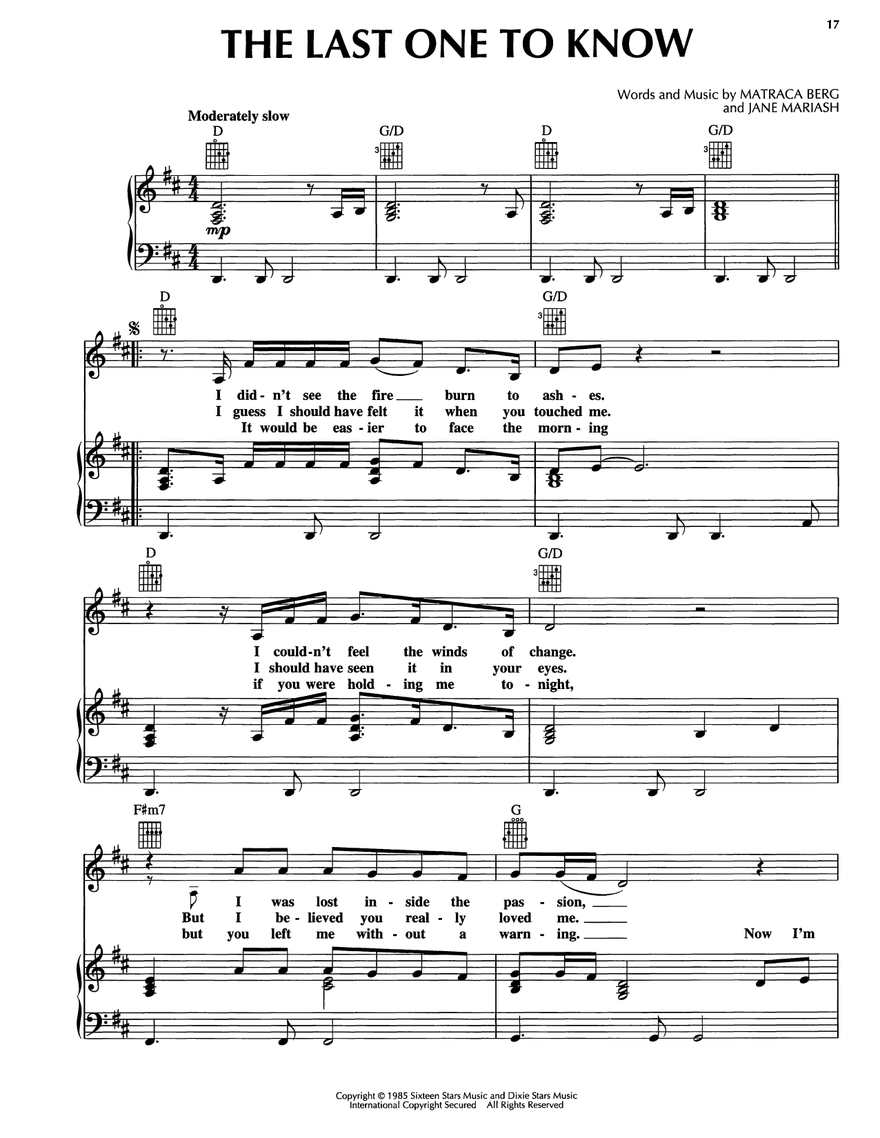 Reba McEntire The Last One To Know Sheet Music