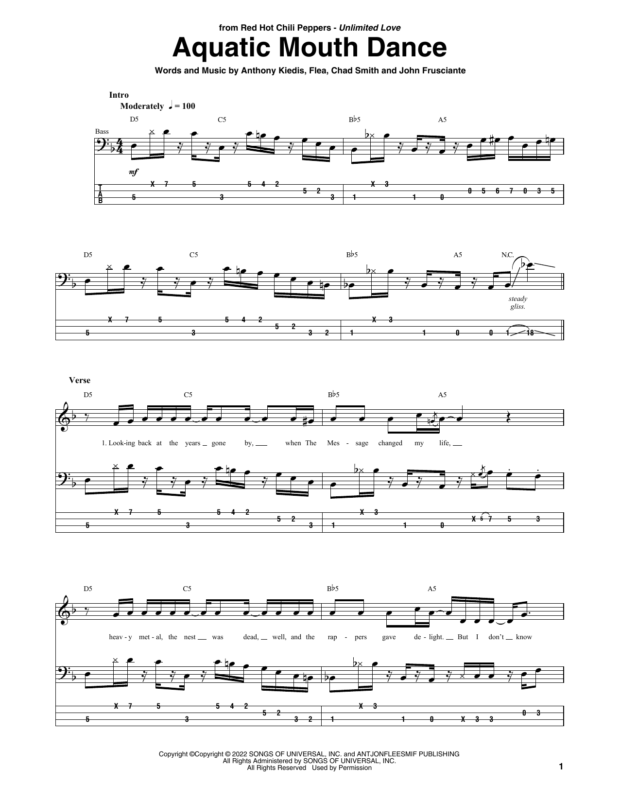 Red Hot Chili Peppers Aquatic Mouth Dance Sheet Music