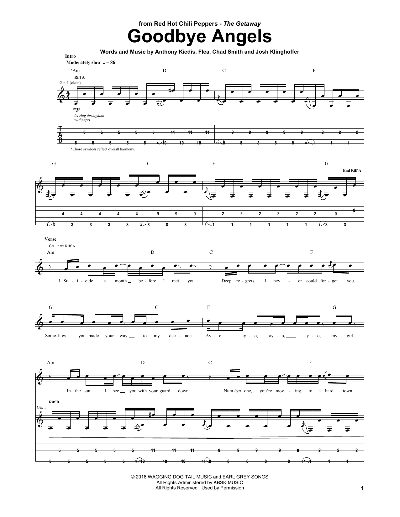 Red Hot Chili Peppers Goodbye Angels Sheet Music