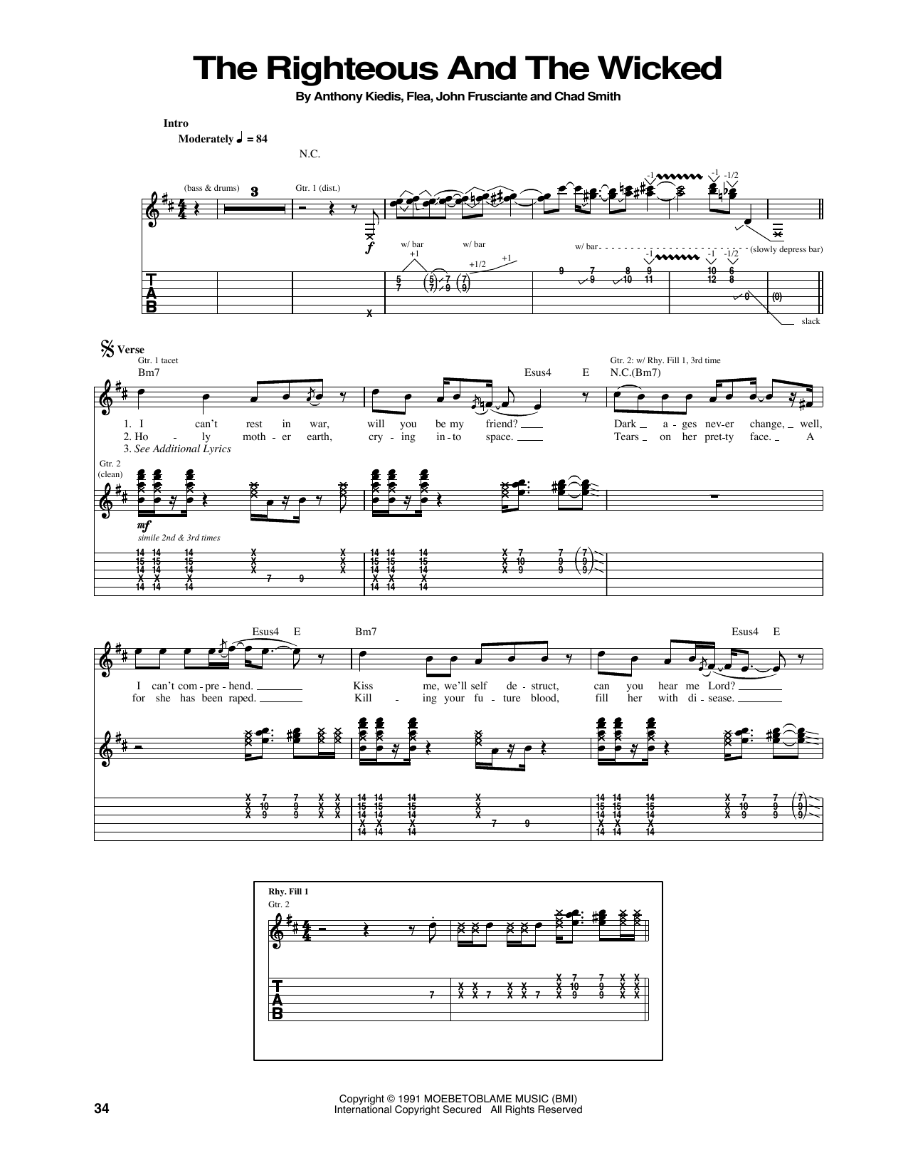 Red Hot Chili Peppers The Righteous And The Wicked Sheet Music