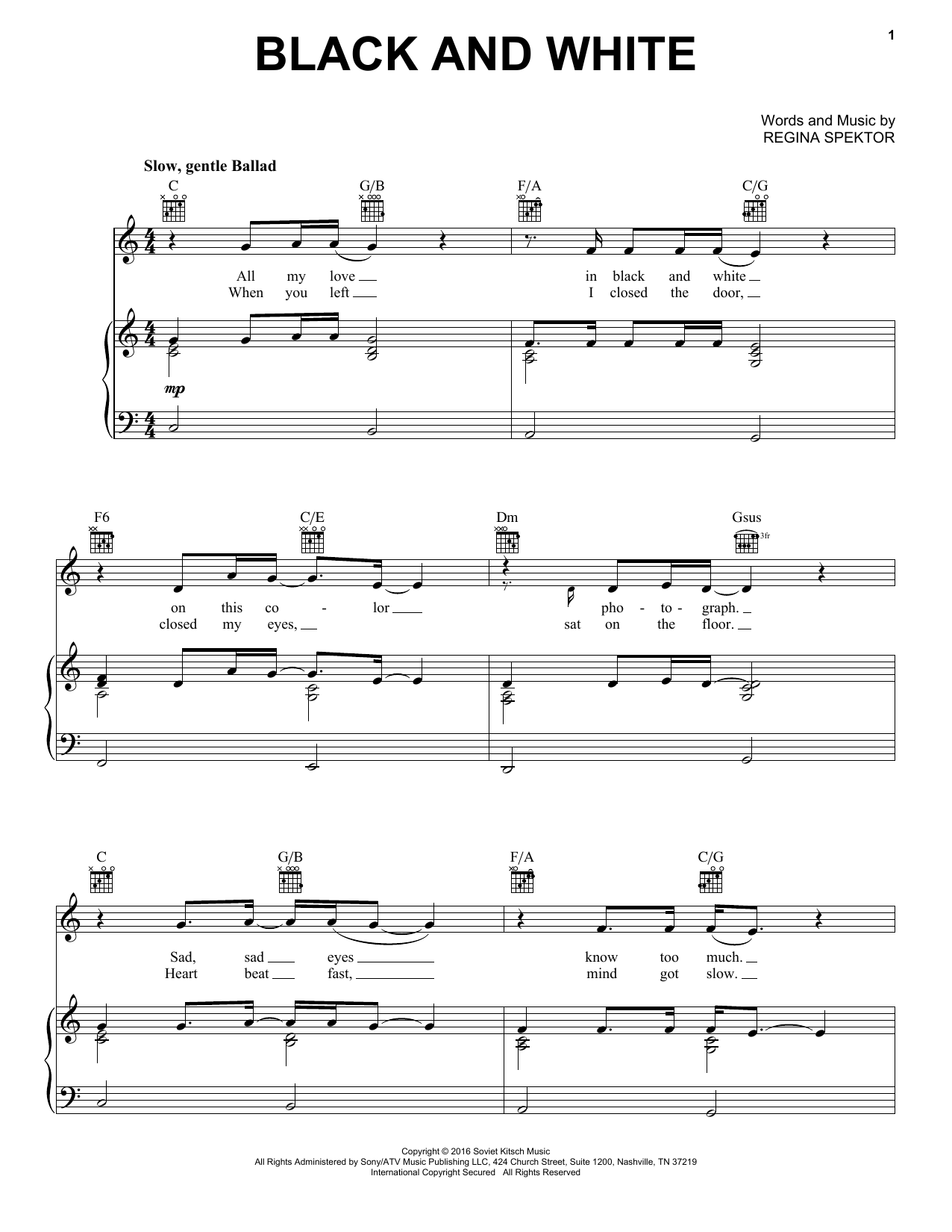 Regina Spektor Black And White Sheet Music