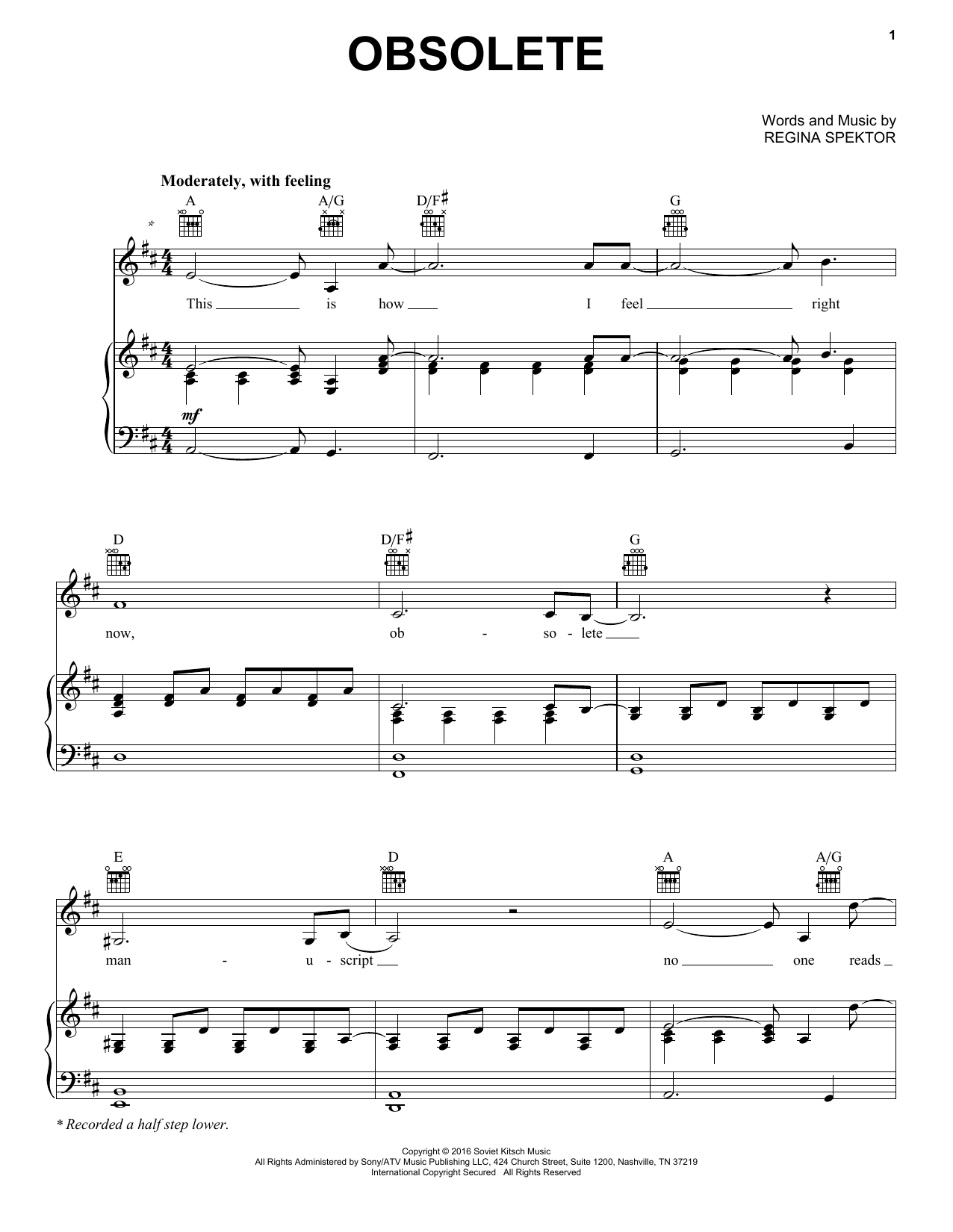 Regina Spektor Obsolete Sheet Music